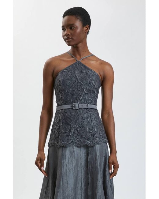 Karen Millen Blue Textured Sateen Lace Halter Neck Belted Midi Dress