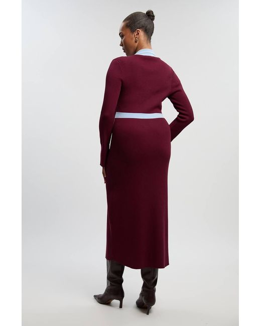 Karen Millen Plus Size Knit Rib With Contrast Waist Detail Collared Midi Dress