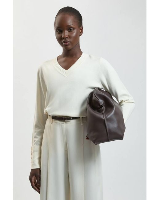 Karen Millen White Forever Viscose Blend Knitted Stitch Detail V Neck Long Sleeve Jumper