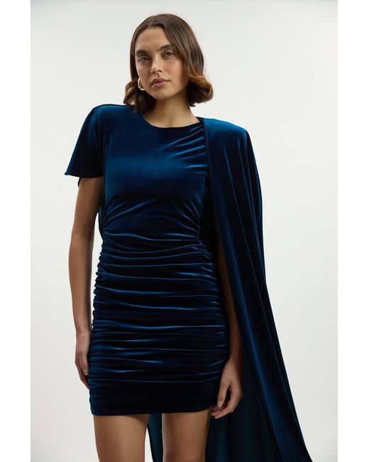 Karen Millen Blue Stretch Velvet Jersey Cape Shoulder Mini Dress