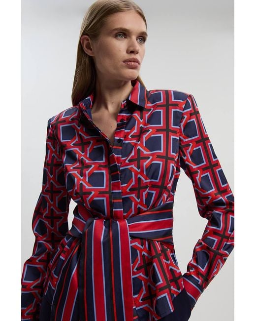 Karen Millen Geo Print Hammered Satin Tie Waist Woven Shirt