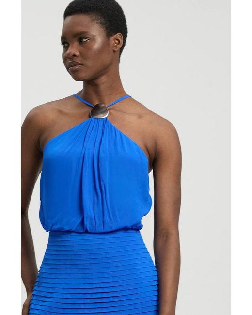 Karen Millen Blue Viscose Georgette Drop Hem Woven Halter Neck Maxi Dress