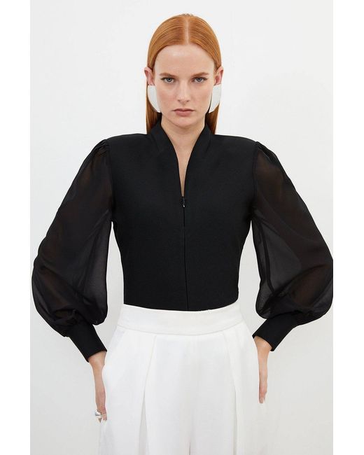 Karen Millen Black Bandage Figure Form Zip Detail Chiffon Sleeve Knit Top
