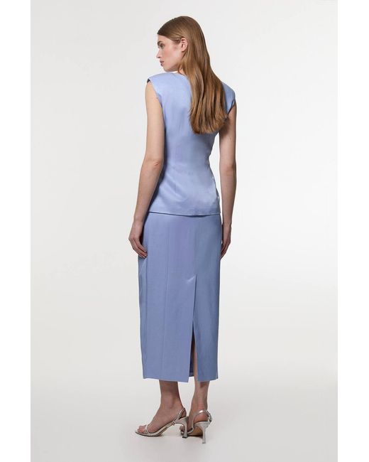 Karen Millen Blue Premium Viscose Linen Tailored Ruffle Pencil Midi Dress