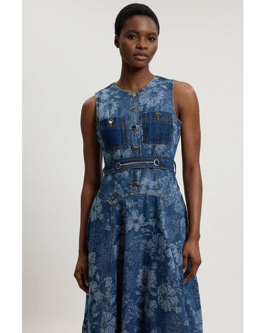 Karen Millen Blue Jacquard Denim Full Skirted Midi Dress