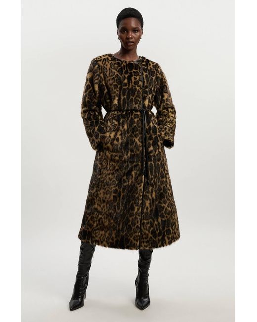 Karen Millen Multicolor Faux Fur Leopard Collarless Tie Belted Midi Coat