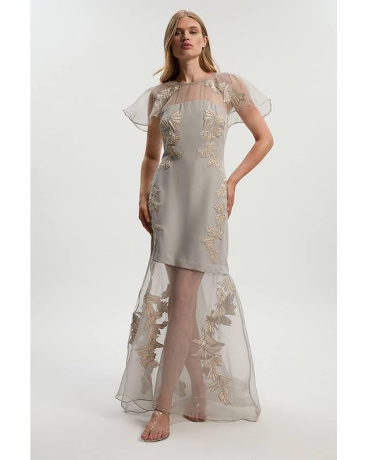 Karen Millen Natural Quilted Applique Organdie Angel Sleeve Woven Maxi Dress