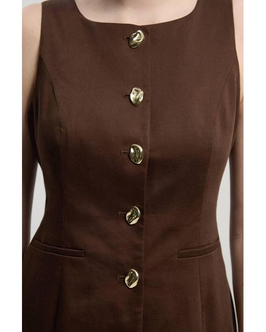 Karen Millen Brown Petite Tailored Linen Statement Button Front Pencil Midi Dress