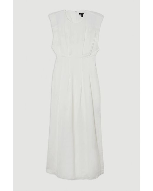 Karen Millen White Viscose Linen Woven Pintuck Midi Dress