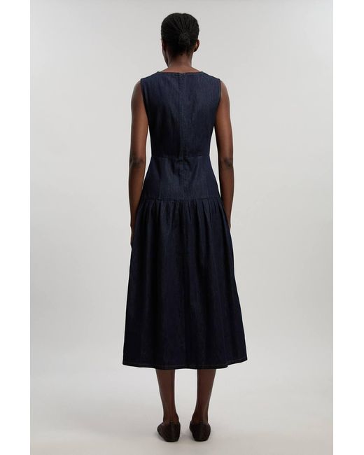 Karen Millen Blue Petite Denim Dropped Waist Full Skirted Midi Dress