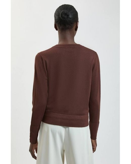 Karen Millen Brown Forever Viscose Blend Knitted Stitch Detail V Neck Long Sleeve Jumper