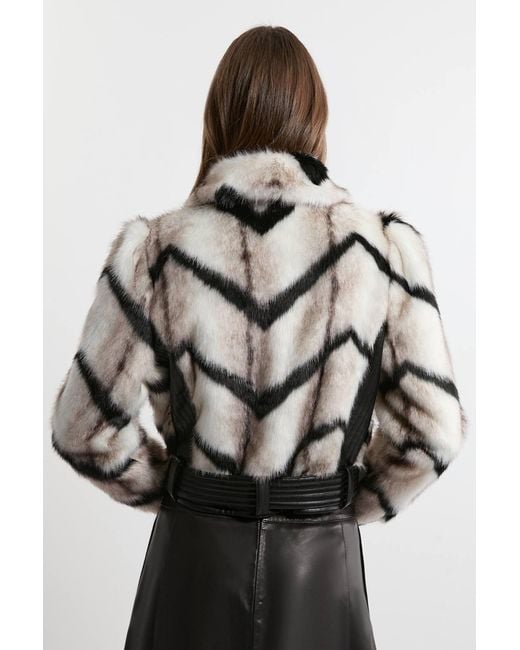 Karen Millen Multicolor Faux Fur Pu Panelled Stripe Belted Cropped Jacket