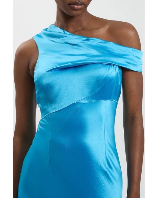Karen Millen Blue Viscose Satin Asymmetric Shoulder Maxi Dress