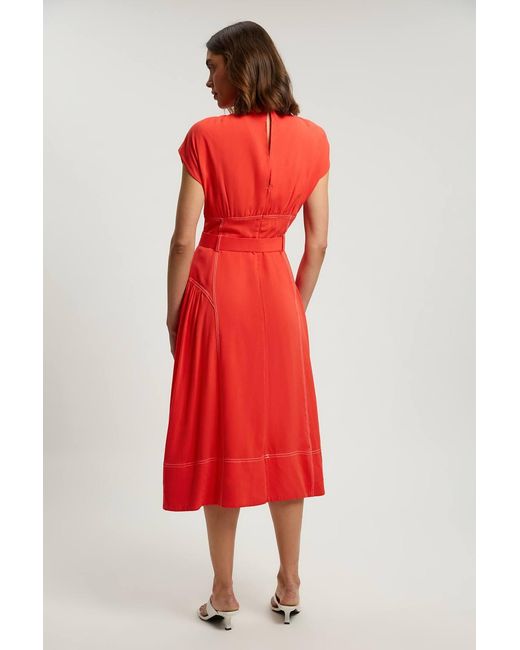 Karen Millen Red Contrast Topstitch Belted Midi Dress