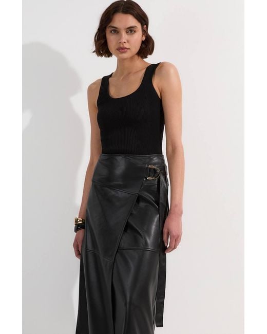 Karen Millen Black Faux Leather Tie Detail Wrap Midi Skirt