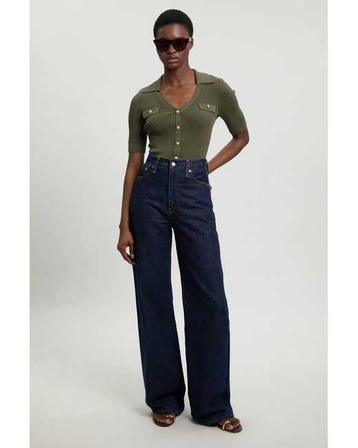 Karen Millen Green Military Trim Rib Knit Short Sleeve Collared Top