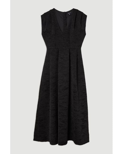 Karen Millen Black Crinkle Satin Pleated Sleeveless Full Skirt Tailored Midi Dress