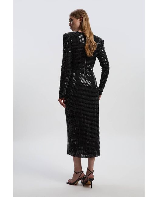 Karen Millen Black Premium Crystal Embellished Long Sleeve Plunge Neck Midi Dress