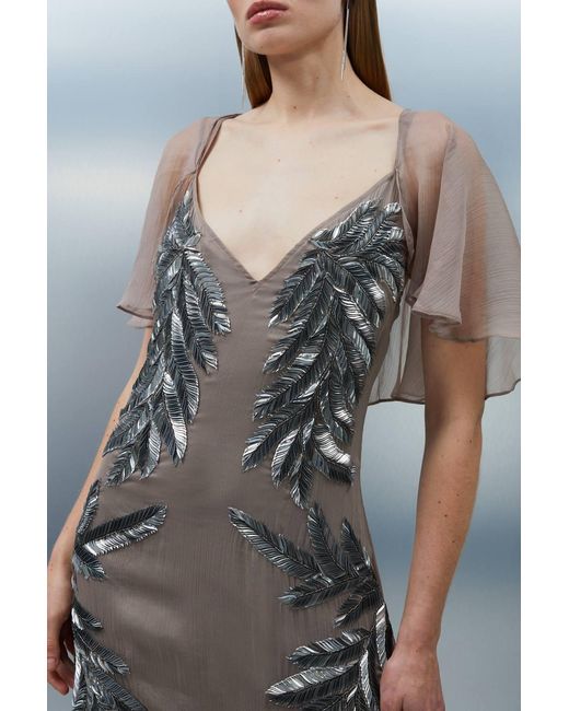 Karen Millen Gray Petite Feather Embellished Woven Cape Sleeve Maxi Dress