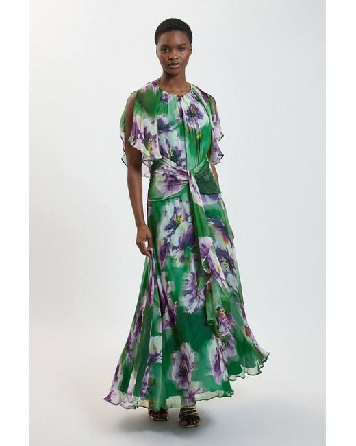 Karen Millen Green Petite Floral Print Viscose Georgette Cape Sleeve Ruffle Woven Maxi Dress