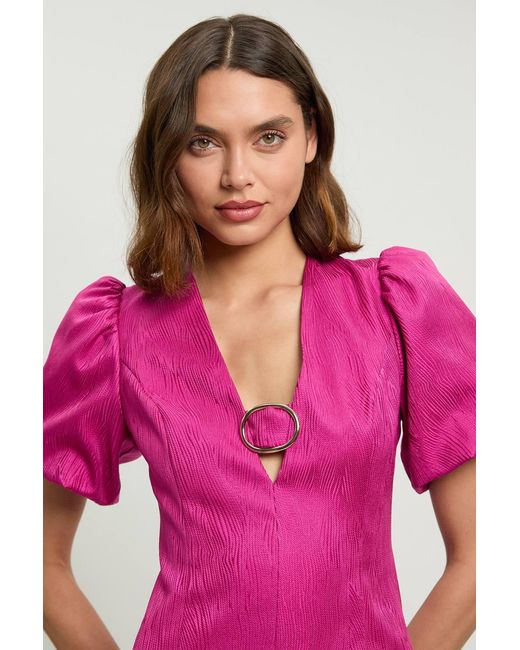 Karen Millen Pink Tailored Puff Sleeve Trim V Neck Detail Mini Dress