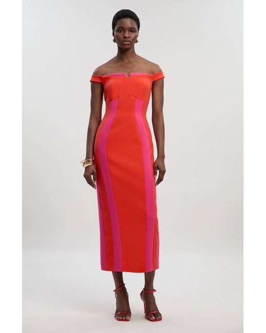 Karen Millen Compact Stretch Colour Block Tailored Bardot Midi Dress