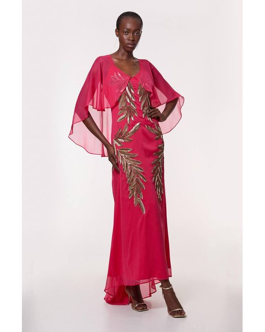 Karen Millen Red Feather Embellished Woven Cape Sleeve Maxi Dress