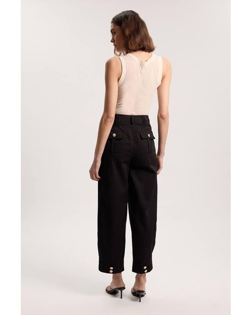 Karen Millen Black Cotton Utility Button Detail Barrel Leg Trouser
