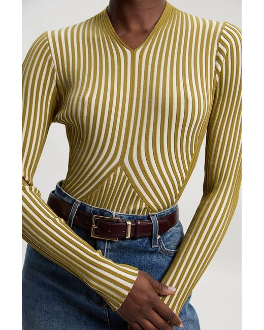 Karen Millen Green Stripe Fitted Long Sleeve Knitted Top