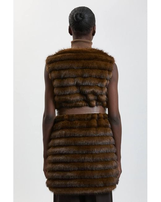 Karen Millen Brown Tipped Faux Fur Panelled Belted Gilet