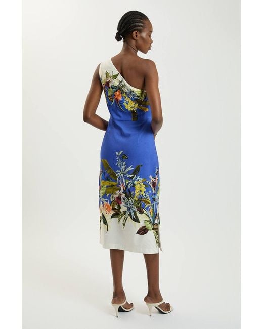 Karen Millen Blue Placement Print Linen Viscose One Shoulder Midi Dress