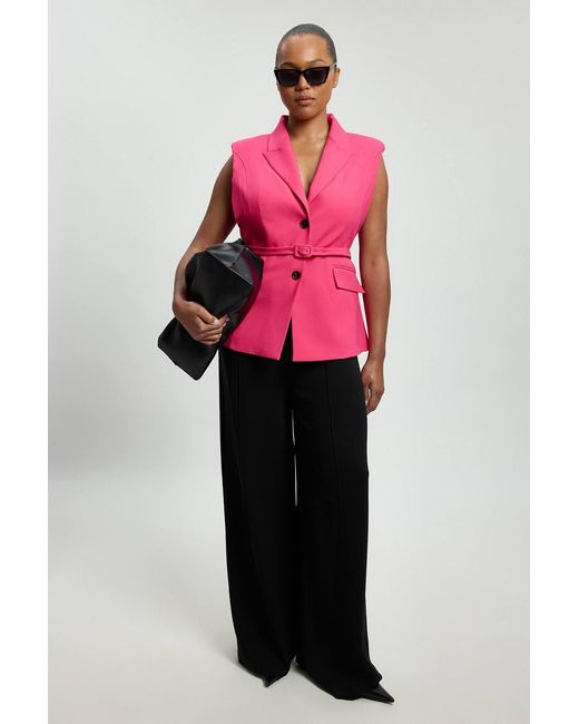 Karen Millen Pink Plus Size Tailored Structured Crepe Belted Sleeveless Blazer