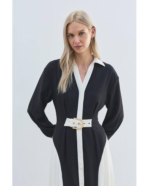Karen Millen Black Forever Tailored Crepe Colour Block Belted Pleated Midi Dress