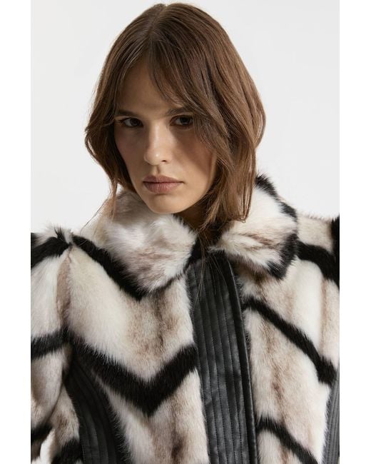 Karen Millen Multicolor Faux Fur Pu Panelled Stripe Belted Cropped Jacket