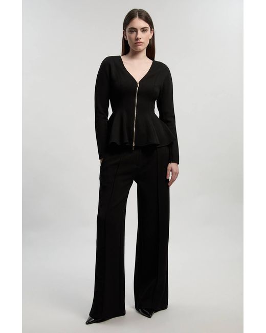 Karen Millen Black Ponte Peplum Sleeve V Neck Top