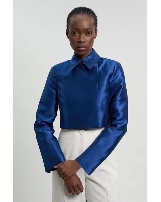 Karen Millen Blue Petite Forever Satin Twill Cropped Wrap Tailored Jacket