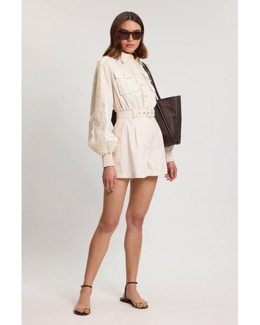 Karen Millen Natural Petite Cotton Sateen With Lace Trim Pocket Detail Playsuit