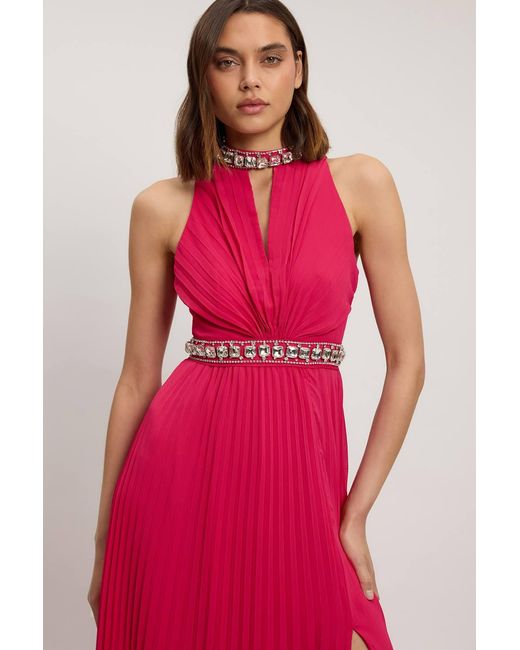 Karen Millen Red Crystal Embellished Woven Split Maxi Dress