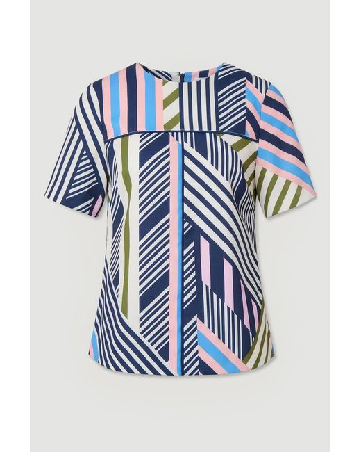 Karen Millen Blue Geo Print Twill Cap Sleeve Woven Top