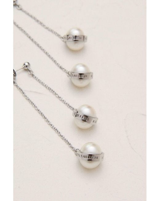 Karen Millen Brown Tone Logo Pearl Double Drop Earrings