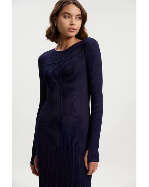 Karen Millen Blue Drapey Sheer Rib Knitted Midi Dress