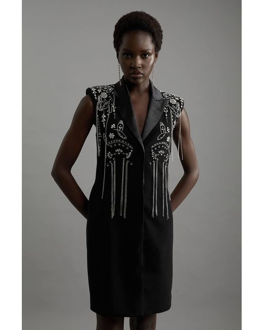 Karen Millen Black Petite Embellished Detail Plunge Collar Woven Mini Dress