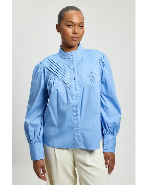 Karen Millen Blue Plus Size Cotton Pleated High Neck Balloon Sleeve Woven Blouse