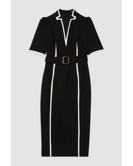 Karen Millen Black Compact Stretch Contrast Tipped Forever Belted Tailored Midi Dress