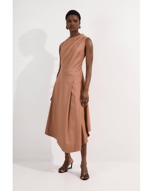 Karen Millen Brown Tailored Drapey Bodice Asymmetric Midi Dress