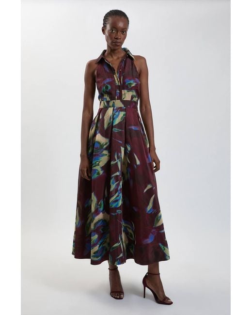 Karen Millen White Petite Abstract Print Organza Collared Maxi Dress