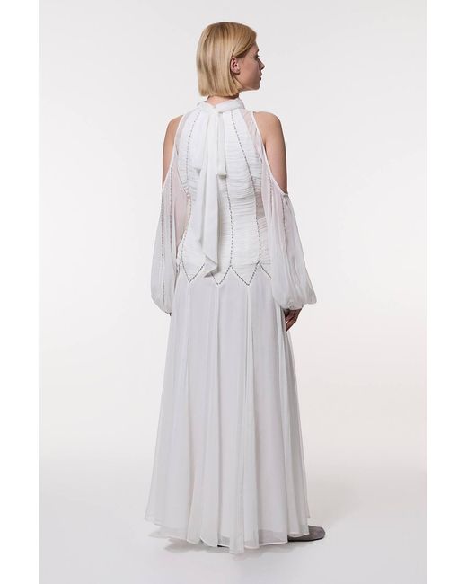 Karen Millen White High Neck Embellished Ruched Georgette Woven Maxi Dress