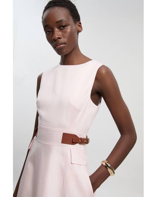 Karen Millen Pink Tailored Linen Tab Waist Detail Full Skirt Midi Dress