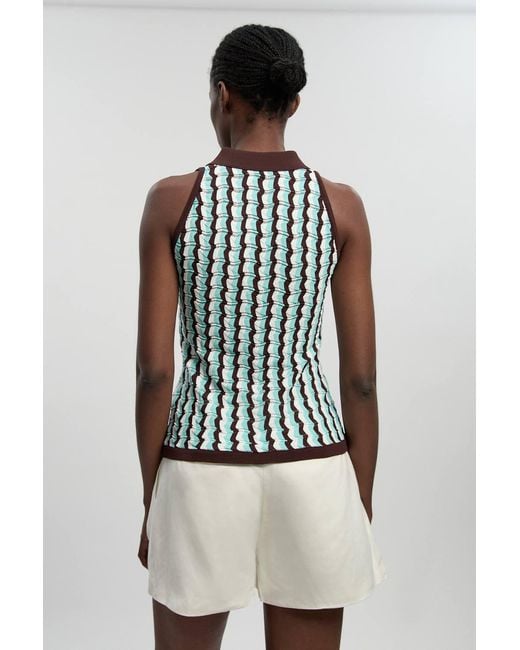 Karen Millen Natural Knit Contrast Collar Pointelle Sleeveless Midi Top