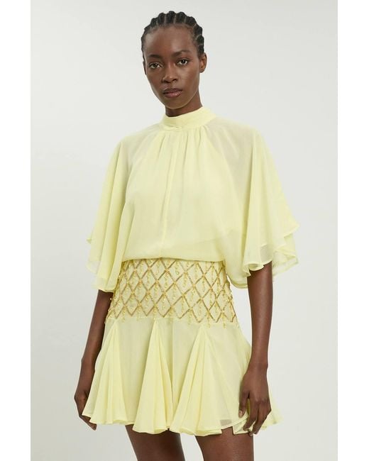 Karen Millen Yellow Beaded Cape Detail Mini Dress